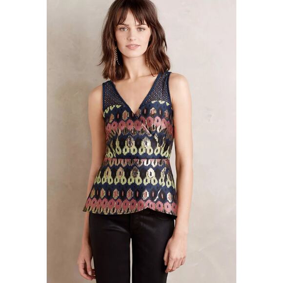 Anthropologie HD in Paris Tank Top Size 4 Yana Jacquard Metallic Peplum NEW NWT - Picture 1 of 16